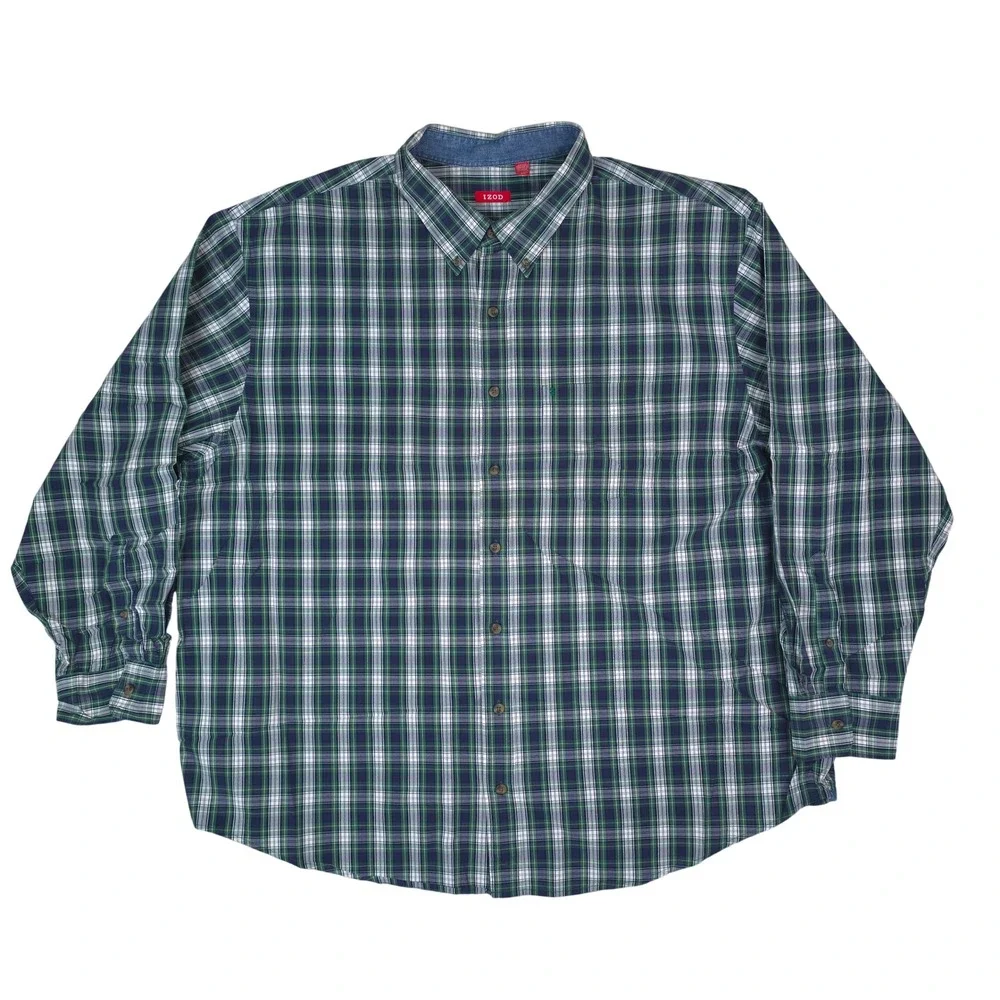 IZOD Button Down Shirt Mens 3XL Green Blue Plaid Long Sleeve Classic Fit